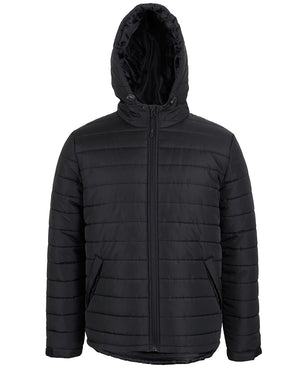 The JBs Hooded Puffer Jacket in black features a polyester fill, front zipper, and two side pockets. Its horizontal stitching and high collar add to its warm, insulated look—making it a stylish addition from JBs Wear.