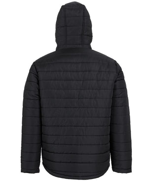 A rear view of a black JBs Hooded Puffer Jacket shows its quilted design, horizontal stitching, slightly curved hem, and hood. Made with lightweight material and polyester fill, it's perfect for cool weather.