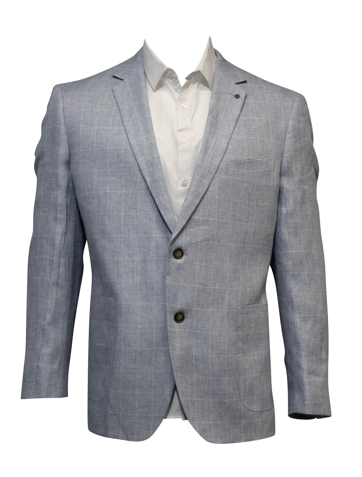 The mannequin displays a Daniel Hechter Prague Buggy Blazer in light gray linen with a subtle checkered pattern and two buttons, paired with a crisp white dress shirt, set against a plain white background.