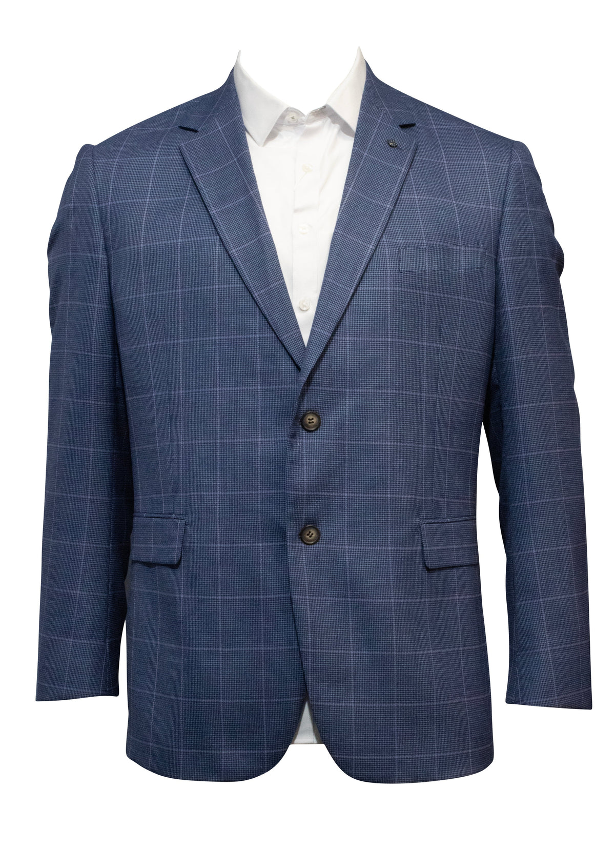 The Daniel Hechter Parker Blazer, a blue plaid suit jacket with notch lapels and flap pockets, is displayed against a white background. Featuring two dark buttons and a modern fit, it's elegantly paired with a crisp white shirt, with the mannequin not visible below the neck.