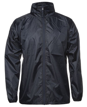 The JBs Rain Forest Jacket, a black, long-sleeved windbreaker with a zip-up front and high collar, is displayed on a white background. The shiny and lightweight polyester taffeta material emphasizes its sleek appearance. An adjustable hem ensures a snug fit, making it both stylish and practical.