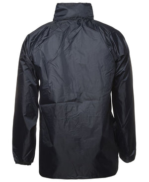 A back view of the JBs Rain Forest Jacket, showcasing its black, long-sleeved waterproof design with a high collar. The material appears to be shiny polyester taffeta, indicating wind resistance. Featuring a simple and plain design without any visible logos or patterns, the jacket includes an adjustable hem for a customized fit.