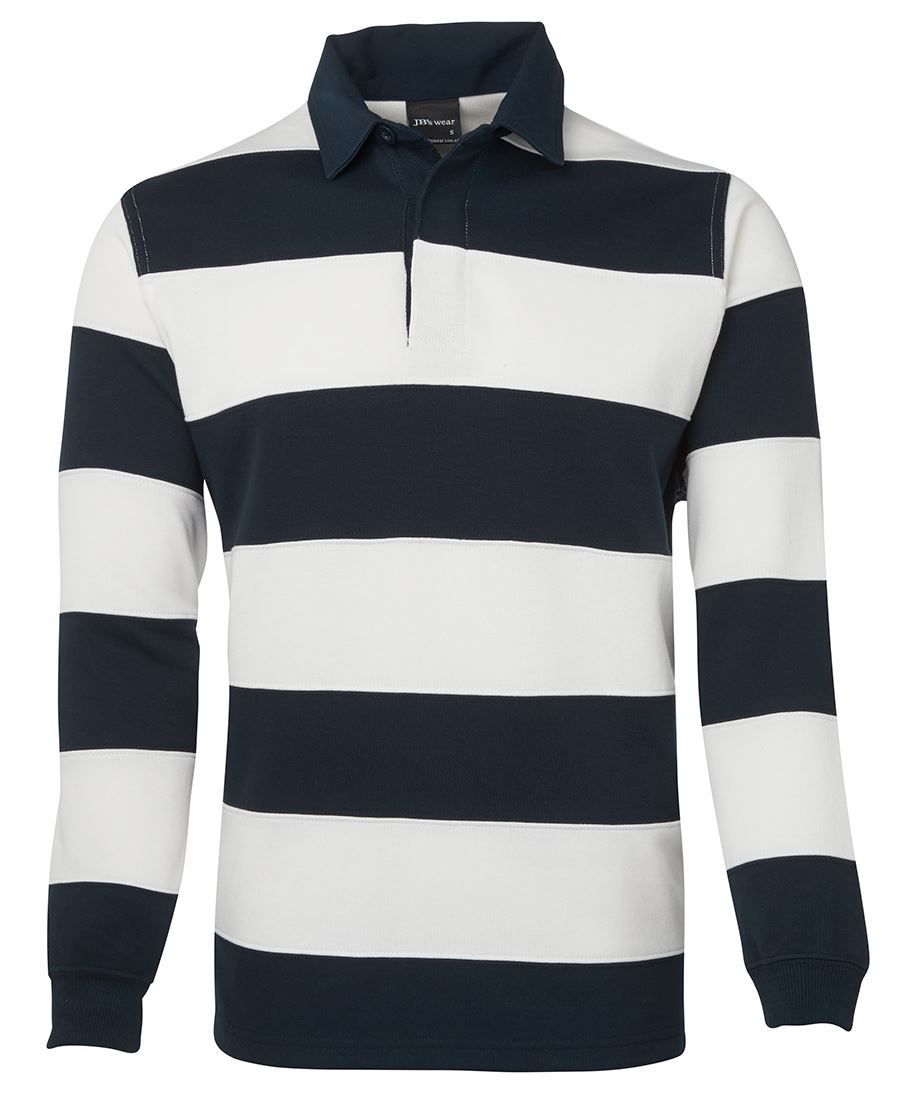 The JBs Striped Rugby is a long-sleeved shirt featuring broad horizontal stripes in black and white. It sports a white collar and a split neckline, providing a classic, sporty look. This stylish jumper is neatly tailored and designed to be worn untucked, making it an ideal addition for both comfort and flair to your winter wardrobe.