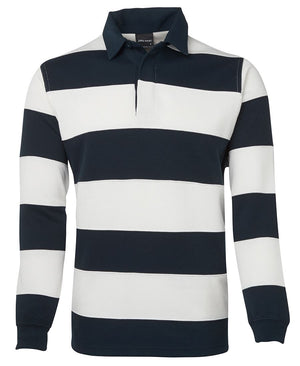 The JBs Striped Rugby is a long-sleeved shirt featuring broad horizontal stripes in black and white. It sports a white collar and a split neckline, providing a classic, sporty look. This stylish jumper is neatly tailored and designed to be worn untucked, making it an ideal addition for both comfort and flair to your winter wardrobe.