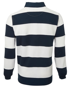 Back view of the JBs Striped Rugby long-sleeve shirt showcasing broad horizontal stripes in alternating navy blue and white. This stylish jumper features a polo-style collar and ribbed cuffs, making it perfect for staying comfortable.