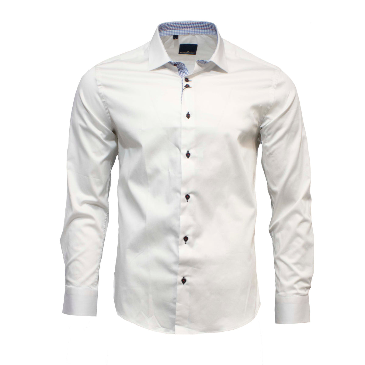 White long-sleeve Daniel Hechter Sel dress shirt with black buttons and a blue checkered inner collar displayed on a white background. This slim fit piece with a classic collar and buttoned cuffs epitomizes elegance and style.