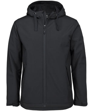 The JBs Softshell Hooded Jacket is a black, hooded jacket with a front zipper and drawstrings on the hood. Designed with a sleek, minimalist style, this breathable jacket has a soft, smooth texture. It features long sleeves and offers a casual fit perfect for any occasion.