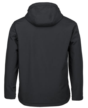 The JBs Softshell Hooded Jacket, shown from the back, features a black, long-sleeved design. Its sleek appearance is free of visible logos or markings. Crafted from smooth and durable material, this jacket offers a slightly fitted cut that ensures both style and breathability across various weather conditions.