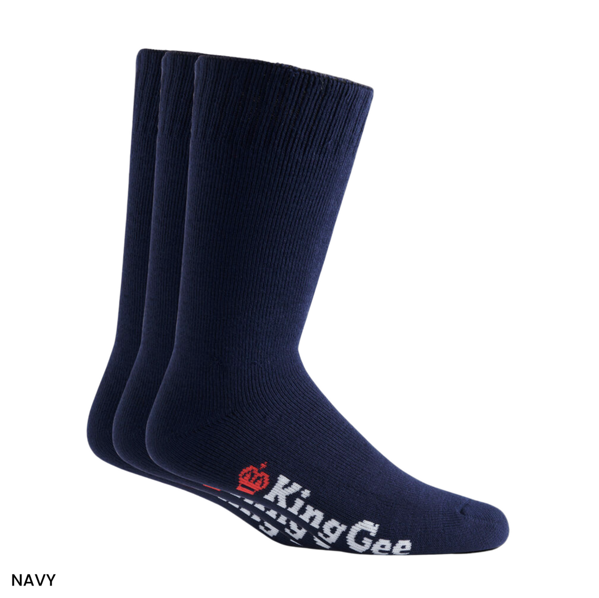 The King Gee Bamboo 3pk Work Sock includes three breathable navy blue socks for men, each with a ribbed top, white "King Gee" branding, and a red crown logo. The word "NAVY" is elegantly displayed in the bottom left corner for easy reference.