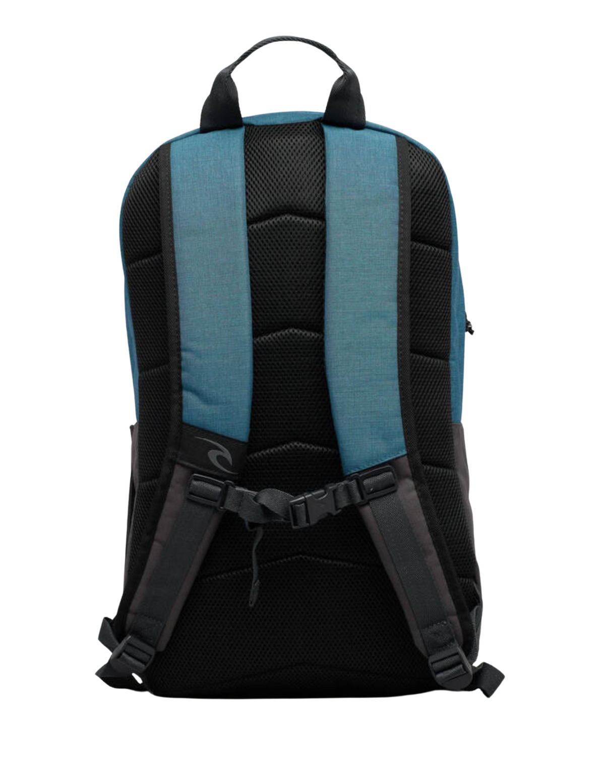 The Rip Curl Overtime 30L Driven Backpack, shown from the back, features a blue and black design with padded shoulder straps and a top handle. Made from recycled polyester, it offers ventilation mesh, adjustable chest and waist straps for comfort, and laptop compatibility for convenience.