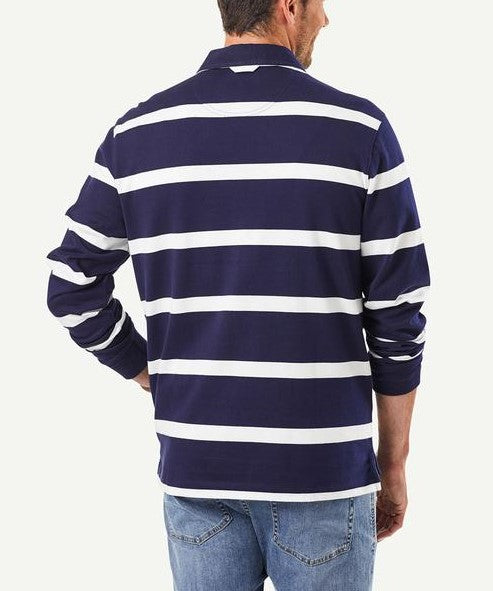 A man is standing with his back to the camera, wearing a stylish Gazman Classic Stripe Rugby, which features long sleeves and dark blue and white horizontal stripes. He is also wearing light blue jeans. The background is plain white.