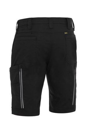 Bisley X Airflow Stretch Ripstop Vented Cargo Shorts in black, featuring multiple pockets, silver zippers, reflective zip leg ventilation, belt loops, and a logo tag near the waistband. Displayed on a plain white background.