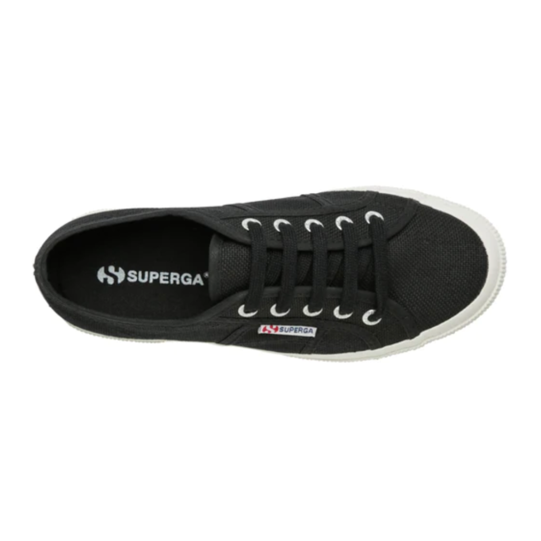 Top view of the Superga Cotu Classic Sneaker, featuring a premium black canvas upper, white laces, and a rubber sole. A small logo tag adorns the side, with "Superga" printed inside the heel area, highlighting Superga's renowned quality.