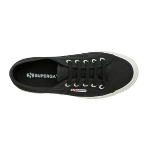 Top view of the Superga Cotu Classic Sneaker, featuring a premium black canvas upper, white laces, and a rubber sole. A small logo tag adorns the side, with "Superga" printed inside the heel area, highlighting Superga's renowned quality.