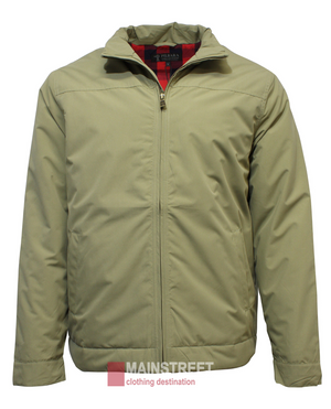 The tan Pilbara Quilted Jacket by Ritemate is lightweight and casual, featuring a front zipper, collar, two side pockets, an interior tag label, and "MAINSTREET clothing destination" text at the bottom. This stylish waterproof piece is both functional and fashionable.