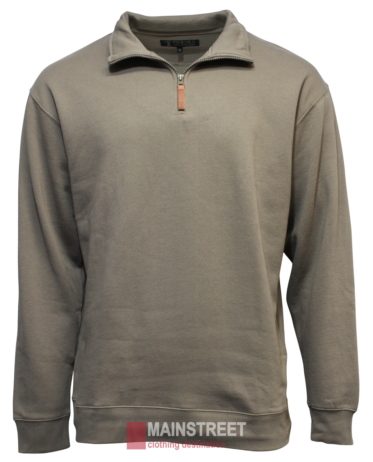 A gray Pilbara Classic Fleece Pullover with a brown zipper pull. It features cozy fleece lining and a plain design, free of patterns or logos, displayed on a white background.