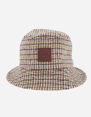 The Swanndri Kaimai Wool Bucket Hat features a multicolored plaid design, wide brim, and a brown leather patch with logo on the front.