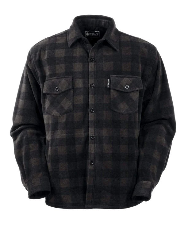 The Outback Mens Big Shirt is a midweight, long-sleeve button-up flannel with a dark brown and black checkered pattern, two chest pockets with button flaps, and soft polyester fleece for extra comfort.