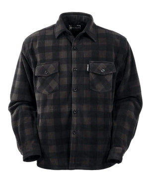 The Outback Mens Big Shirt is a midweight, long-sleeve button-up flannel with a dark brown and black checkered pattern, two chest pockets with button flaps, and soft polyester fleece for extra comfort.