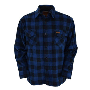 The Outback Mens Big Shirt is a blue and black plaid flannel shirt with a button-down front. This mid-weight shirt features long sleeves with adjustable button wrist cuffs, two chest pockets with button flaps, and a pointed collar. It has a relaxed, casual fit ideal for versatile styling.