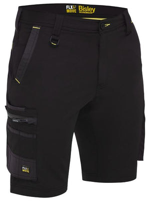 The Bisley Flex & Move 4 Way Stretch Zip Cargo Short features black 4-way stretch fabric with multifunctional cargo pockets, a zippered side pocket, tool loop, belt loop on the waistband, and yellow accents highlighting the "FLX & MOVE" and "Bisley Workwear" logos.