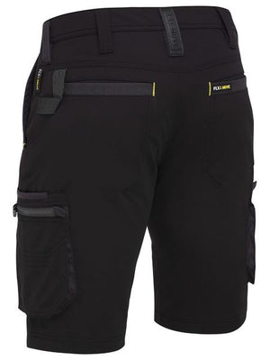The Bisley Flex & Move 4 Way Stretch Zip Cargo Short features multi-functional cargo pockets, belt loops, a reinforced design, Velcro and zipper closures, yellow accents, and "FLEX MOVE" text on the waistband. Suitable for practical outdoor or construction use.