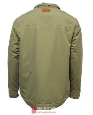 Back view of the khaki Pilbara Quilted Jacket, showcasing a collar and seam detailing. This waterproof jacket features a straight hem and a small logo patch near the shoulder.
