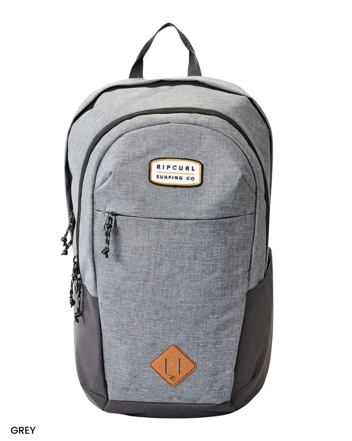 The Rip Curl Overtime 30L Driven Backpack in gray features black accents, recycled polyester construction, a leather-patched front pocket, large main compartment, two side zippers, top handle, and laptop compatibility.