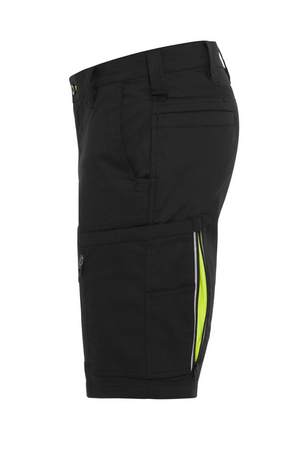 The Bisley X Airflow Stretch Ripstop Vented Cargo Shorts in black offer a side view of their durable stretch ripstop fabric. They feature multiple pockets, a green zipper accent on one pocket, belt loops, and deliver both functionality and style.