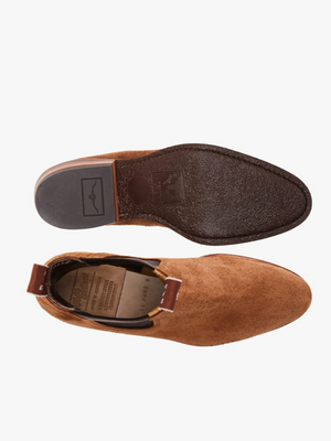 Top and bottom view of the RM Williams Lady Yearling Suede Rubber Sole Boot, featuring brown suede, elastic side panels, front and back pull tabs, visible brand logo on the sole, and a durable rubber sole.