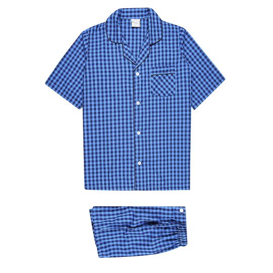 The Koala Nitelife Short Leg Elastic Waist Drawstring PJ is a stylish set of blue and black checkered summer pyjamas, including a short-sleeve button-up shirt with a collar and front pocket, featuring black piping along the edges. The matching shorts come with an elastic waistband for ultimate comfort.