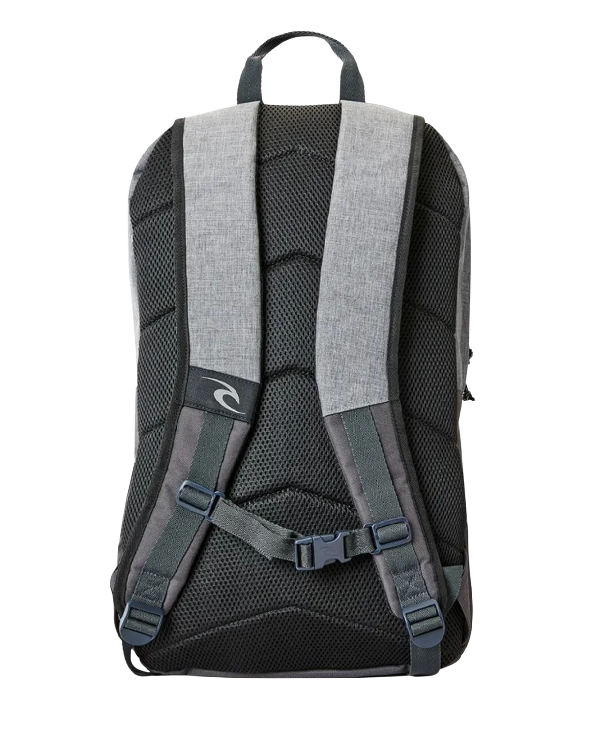 The Rip Curl Overtime 30L Driven Backpack is displayed from the back, featuring padded shoulder straps, a top handle, adjustable chest straps with a buckle, and a mesh padded back panel for comfort. Made from recycled polyester in gray and black, it's also laptop compatible for added convenience.