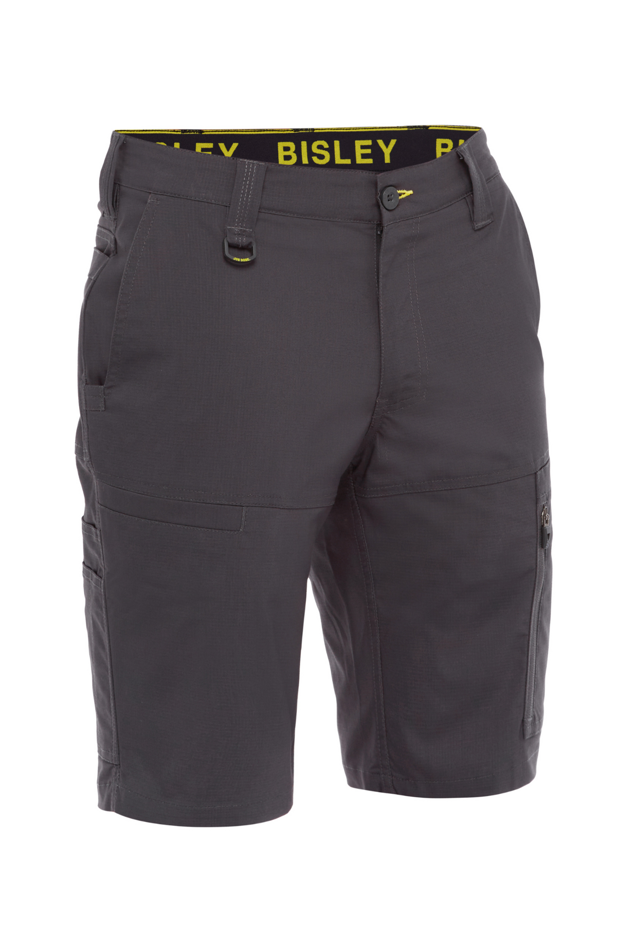 The Bisley X Airflow Stretch Ripstop Vented Cargo Short is crafted from stretch ripstop fabric, featuring multiple pockets and a black and yellow "BISLEY" waistband, along with reflective zip leg ventilation for enhanced comfort and functionality.