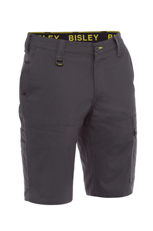 The Bisley X Airflow Stretch Ripstop Vented Cargo Short is crafted from stretch ripstop fabric, featuring multiple pockets and a black and yellow "BISLEY" waistband, along with reflective zip leg ventilation for enhanced comfort and functionality.