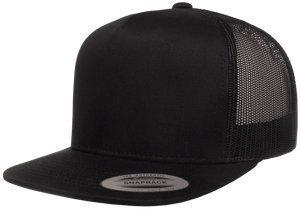 The FlexFit Classic Trucker Cap is a black hat that features a solid fabric front and mesh back. It includes a structured crown, an adjustable snap-back closure, and a flat brim adorned with a round sticker displaying the brand information on the visor.