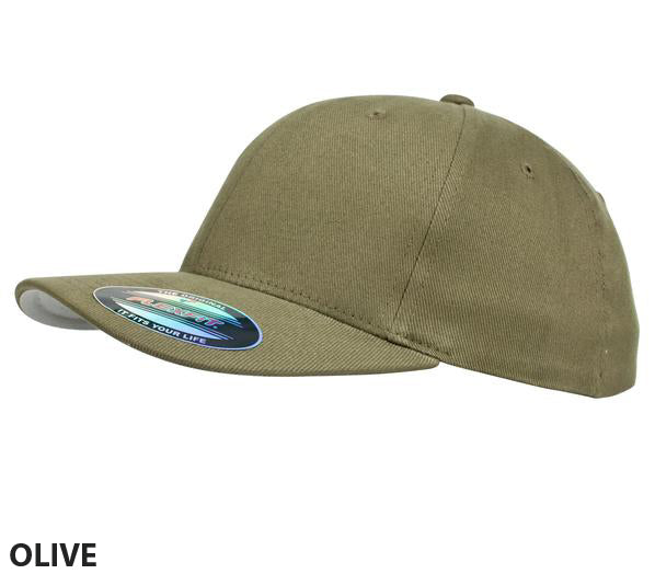 A stylish and comfortable plain olive green FlexFit Worn By The World Cap with a curved brim, shown from a side angle. The cap features a sticker on the brim with product information, and the word "OLIVE" is printed in black text at the bottom left corner.