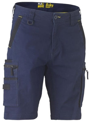 The Bisley Flex & Move Stretch Utility Cargo Short in navy blue features black accents, a cargo pocket, reinforced belt loops, and multiple pockets for tools. These shorts come with a button closure and zip fly and display "Bisley" and "FLX & MOVE" branding on the inside waistband.
