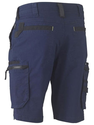 Revised Sentence: Rear view of the Bisley Flex & Move Stretch Utility Cargo Short in navy blue, showcasing reinforced belt loops, zippered pockets, and velcro straps on the sides. These comfortable shorts feature multiple pockets, including cargo pockets as well as flap and zipper pockets on the thighs.