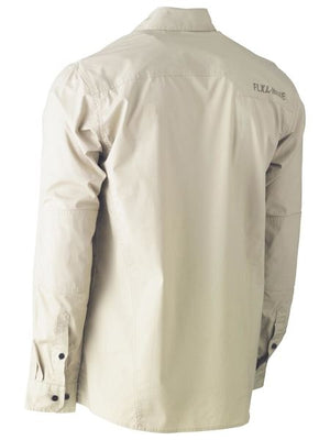 A light beige long-sleeve Bisley Flex & Move Utility Work Shirt is shown from the back. The shirt features buttoned cuffs and a collar, with a yoke seam across the shoulder blades. It offers SPF 50+ protection and has a small embroidered "FLY2 Blue" logo on the left upper back.