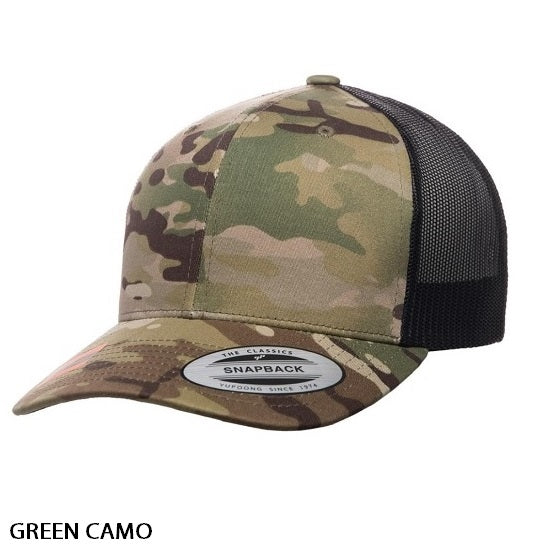 The FlexFit Retro Trucker Multicam Cap features a green camouflage design with a black mesh back and a curved brim. Adorned with a "Snapback" sticker on the brim, the hat also bears the text "GREEN CAMO" below it, capturing that timeless Multicam style.