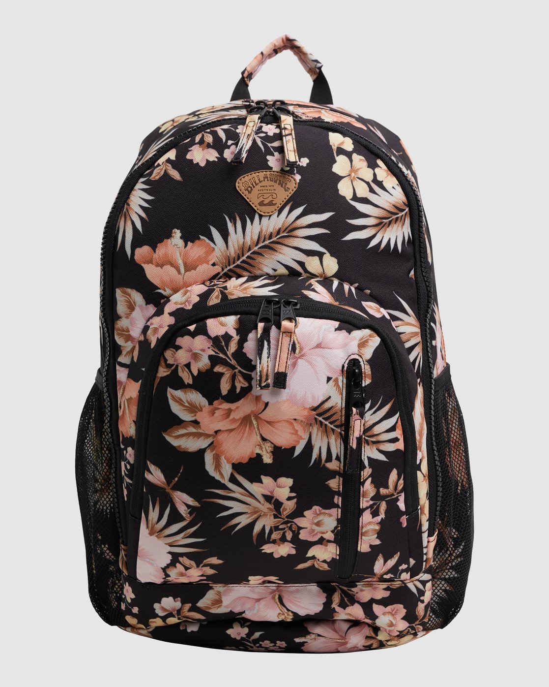 The Billabong Shallows Shaka Backpack is a 31L black backpack with pink and beige floral print, zippered compartments, mesh side pockets, and a top handle—ideal as your stylish laptop backpack for daily use.