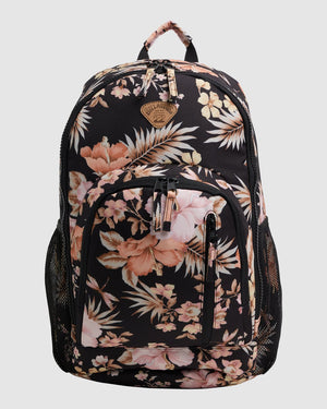 The Billabong Shallows Shaka Backpack is a 31L black backpack with pink and beige floral print, zippered compartments, mesh side pockets, and a top handle—ideal as your stylish laptop backpack for daily use.