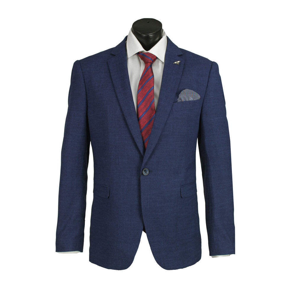 A Scuzzatti Sports Jacket in blue, paired with a white dress shirt and a red-striped tie, showcased on a mannequin. A pocket square peeks out from the skinny fit jacketโs front pocket, revealing its contrast lining.