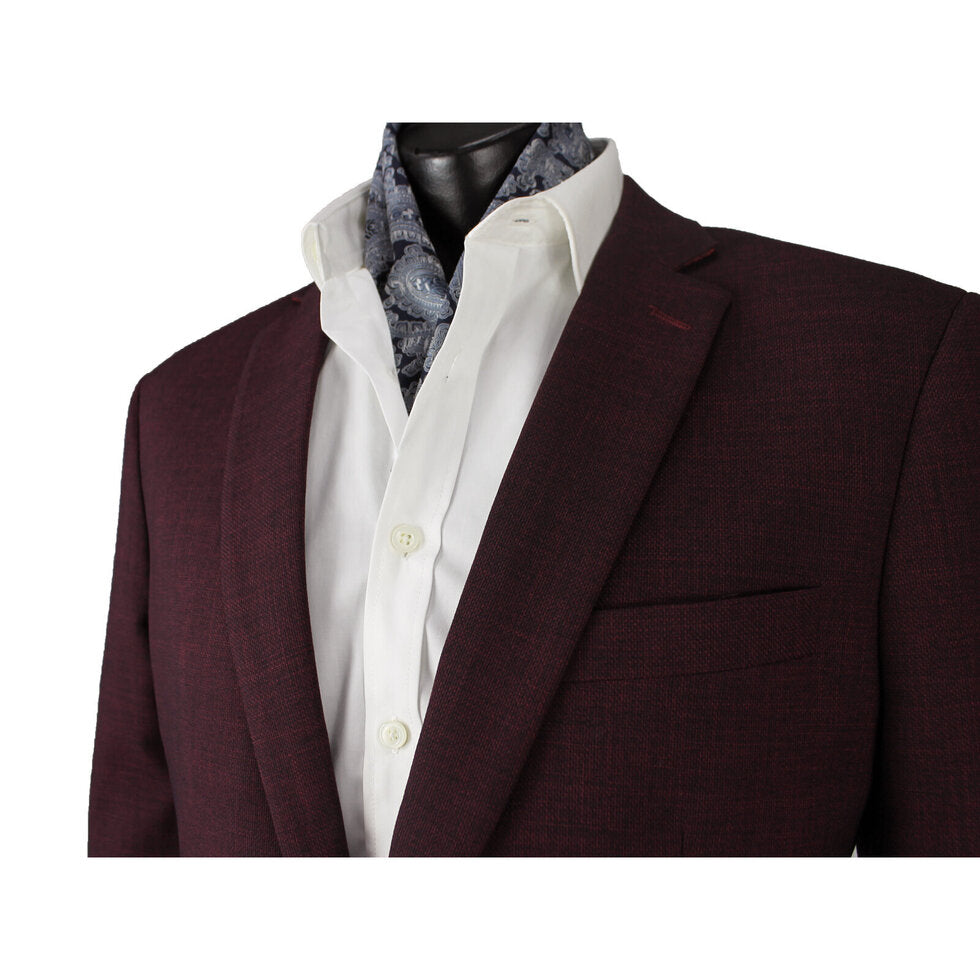 Close-up of a person wearing the Scuzzatti Sports Jacket in maroon over a white dress shirt. The shirt collar is open, revealing a patterned blue scarf tucked inside. The image focuses on the upper torso, highlighting the details of the stylish jacket and accessories.