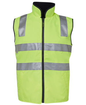 A front view of the JBs Hi Vis Reversible Vest in fluorescent yellow, featuring reflective silver taping that runs horizontally across the chest and abdomen, as well as vertically over the shoulders. This waterproof vest includes a high collar, black inner lining, and is designed to be fully reversible.