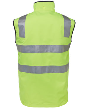 The back view of the JBs Hi Vis Reversible Vest showcases its bright yellow high-visibility, waterproof design, with wide gray reflective stripes running horizontally across the upper back, mid-back, and shoulders. This sleeveless vest includes a high collar for added coverage.