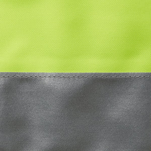 Close-up of JBs Hi Vis Reversible Vest showcasing two horizontal sections. The top half is a bright neon yellow-green, and the bottom half is a medium gray. The sections are stitched together with a visible seam running horizontally across the image, highlighting its reversible design.
