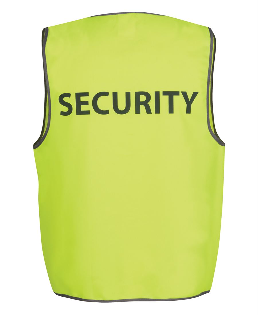 The JBs Hi Vis Safety Vest - Security is a bright yellow vest made of durable polyester featuring bold black "SECURITY" lettering on the back for enhanced visibility and safety.