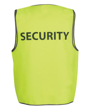 The JBs Hi Vis Safety Vest - Security is a bright yellow vest made of durable polyester featuring bold black "SECURITY" lettering on the back for enhanced visibility and safety.