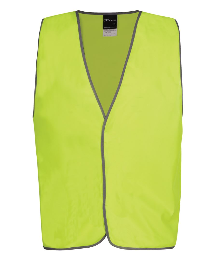The JBs Hi Vis Safety Vest - Security is displayed against a white background. It's bright yellow with reflective grey edges, crafted from polyester. This sleeveless vest has an open front and an optional SECURITY print for increased visibility and safety.